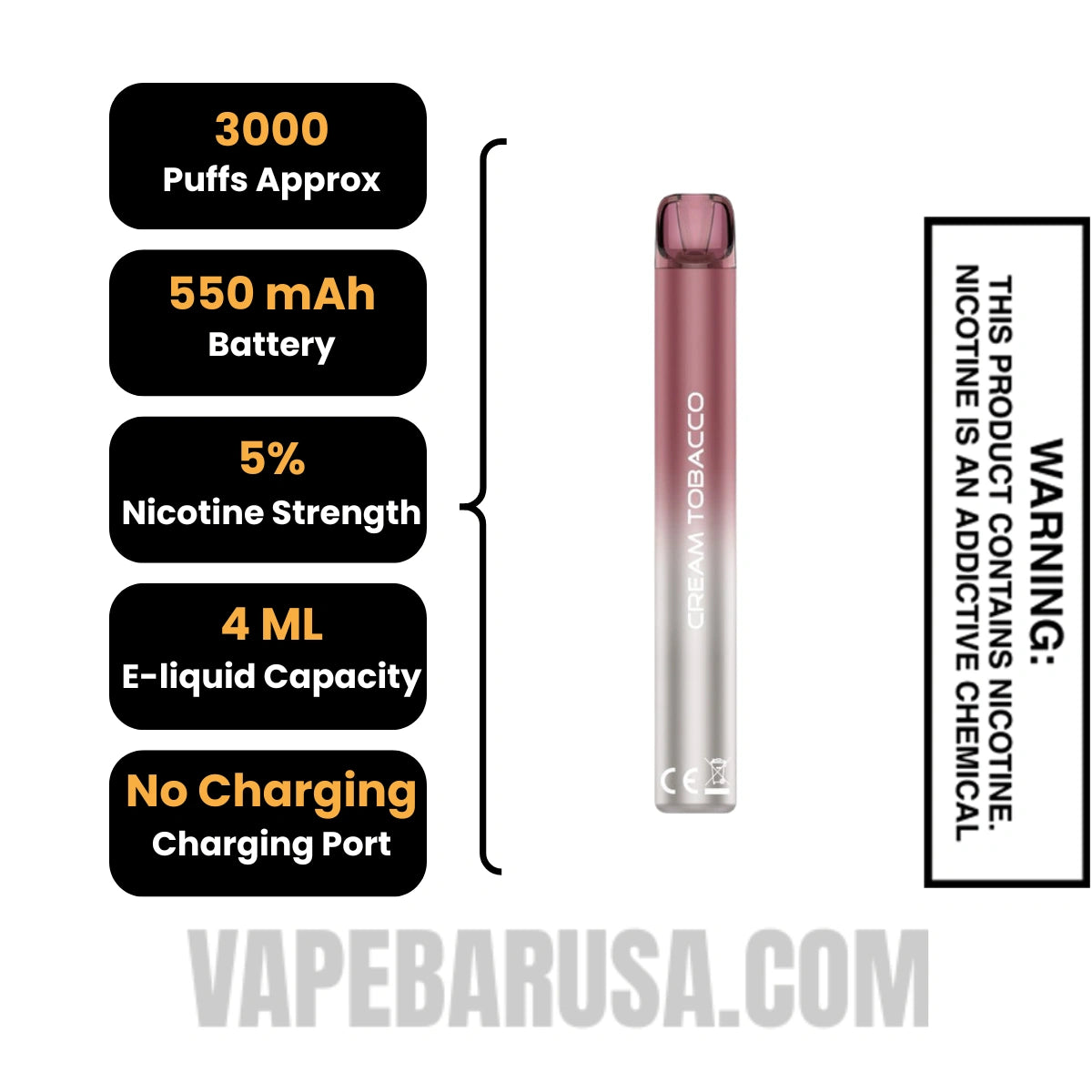 Cream Tobacco Voom Mesh 3000 Puffs Disposable Vape Specifications