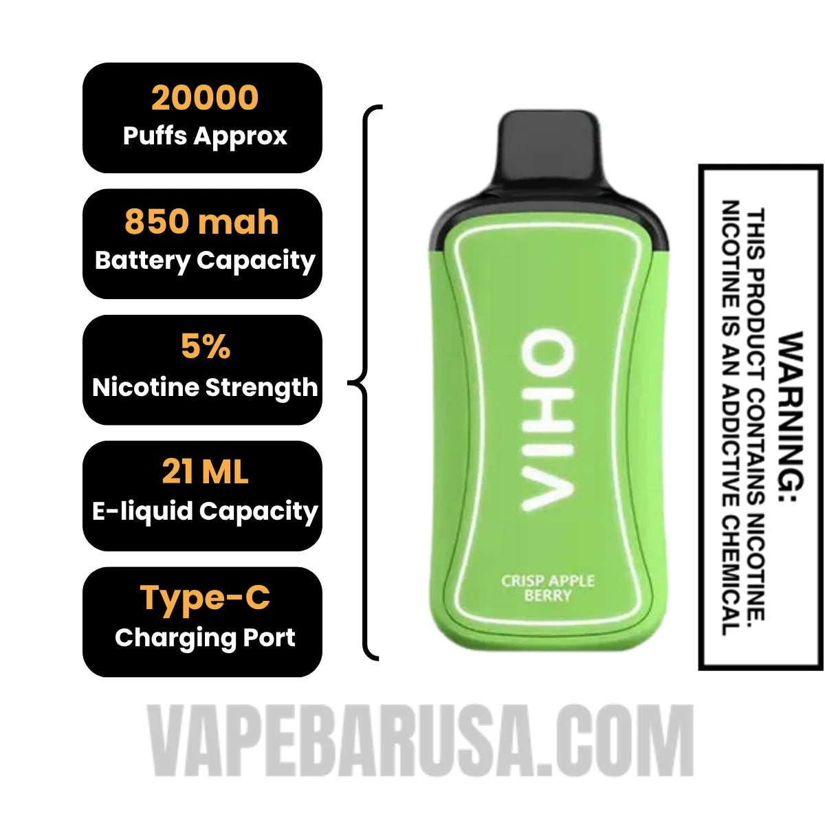 Crisp Apple Berry VIHO Supercharge 20000 Puffs Vape Specifications