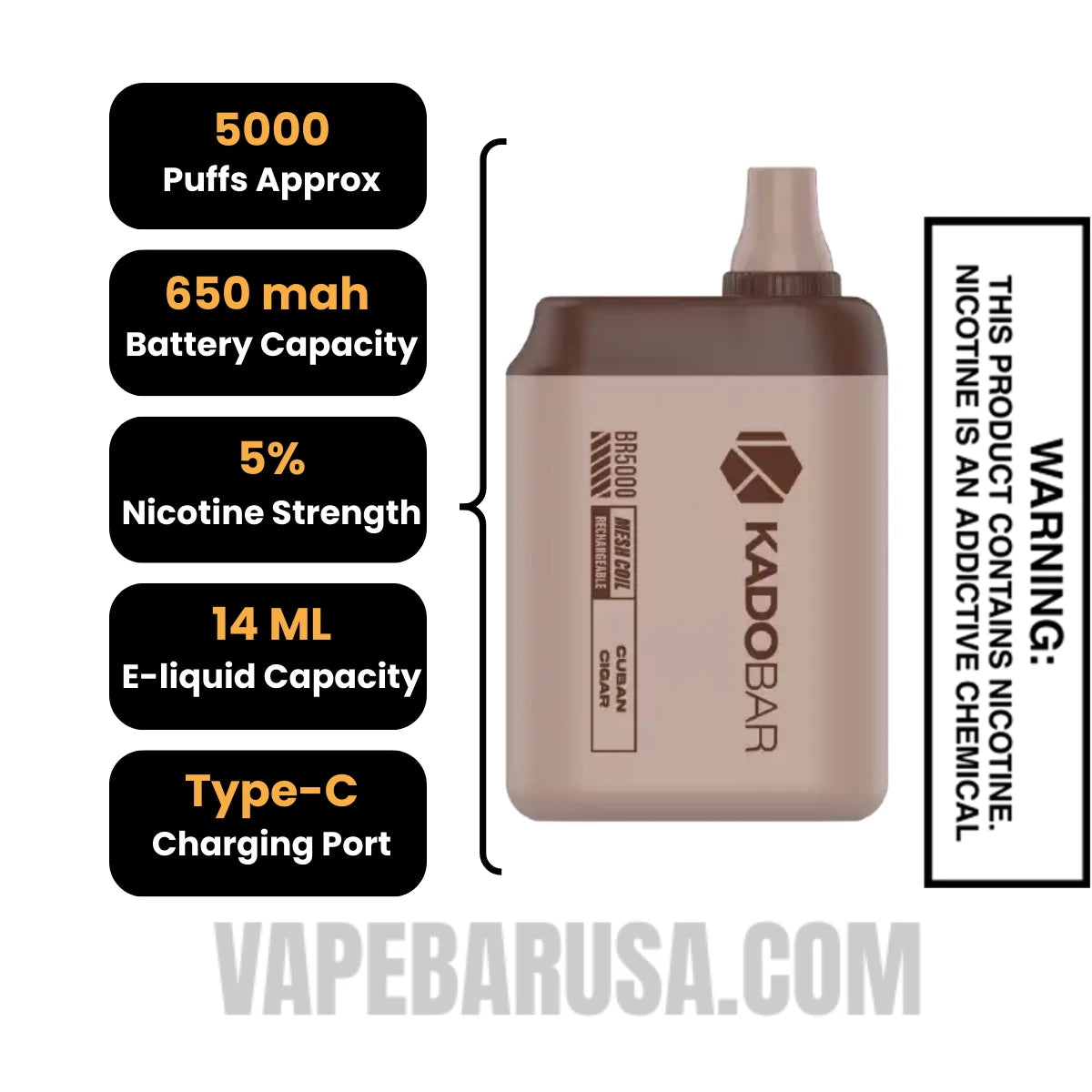 Cuban Cigar Kado Bar BR5000 Disposable Vape Specifications