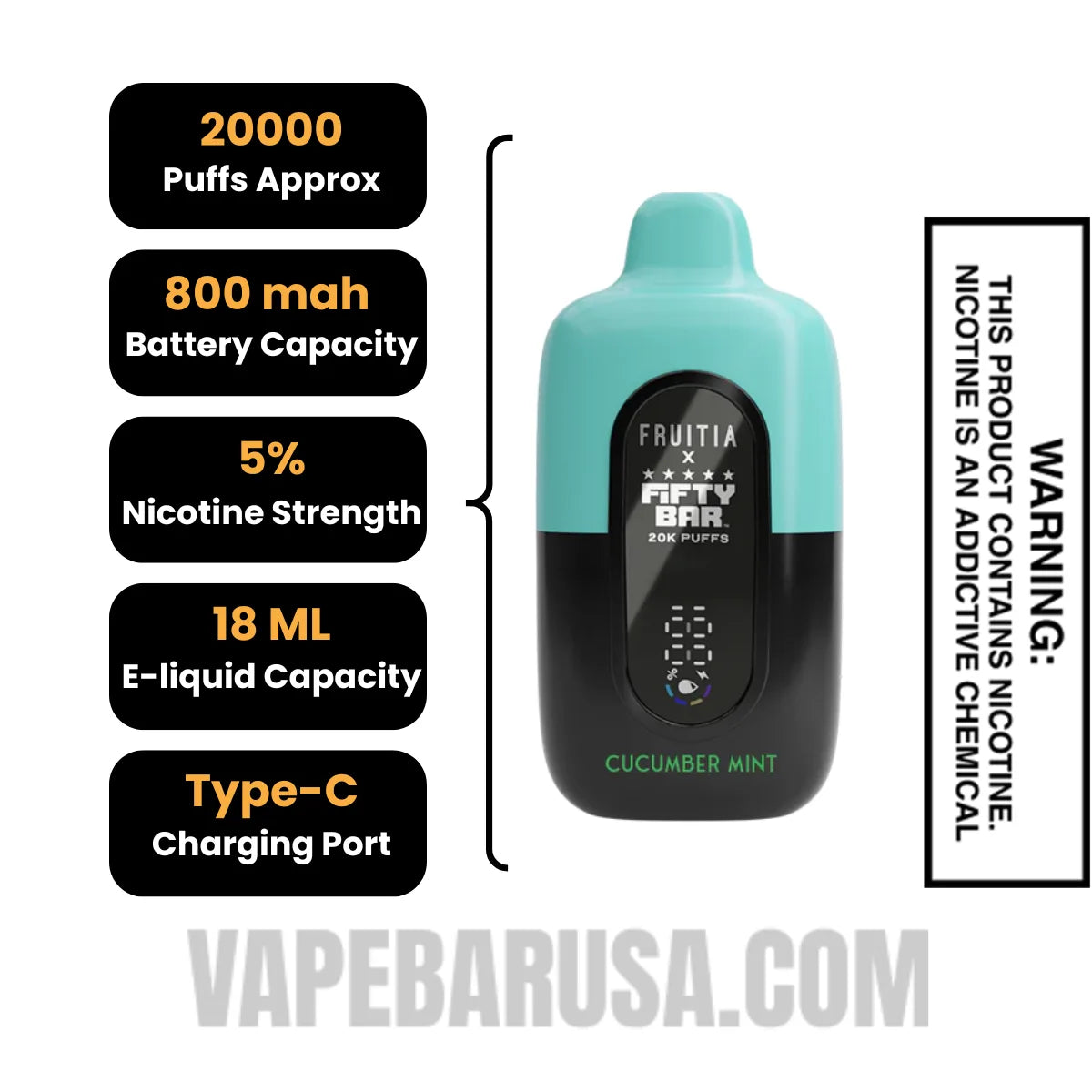 Cucumber Mint Fruitia X Fifty Bar 20K Disposable Vape Speciifcations