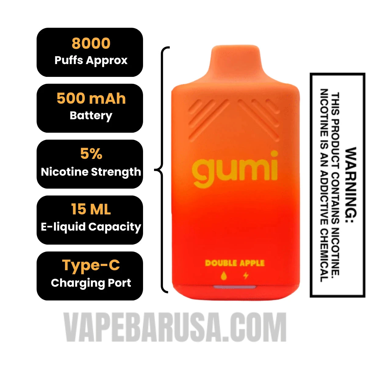 Double Apple Gumi Bar Disposable Vape 8000 Puffs Specifications