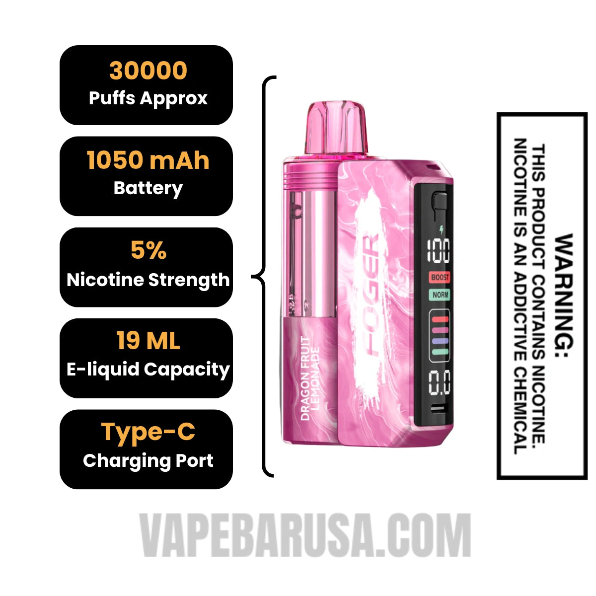 Dragon Fruit Lemonade Foger Switch Pro 30K Disposable Vape Kit Specifications