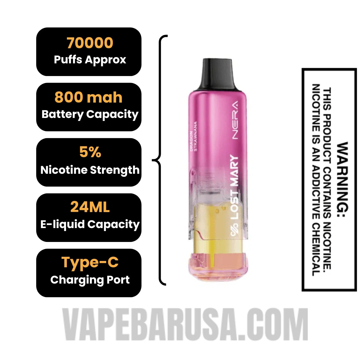 Dragon Strawnana Lost Mary Nera Fullview 70K Disposable Vape Pod Specifications