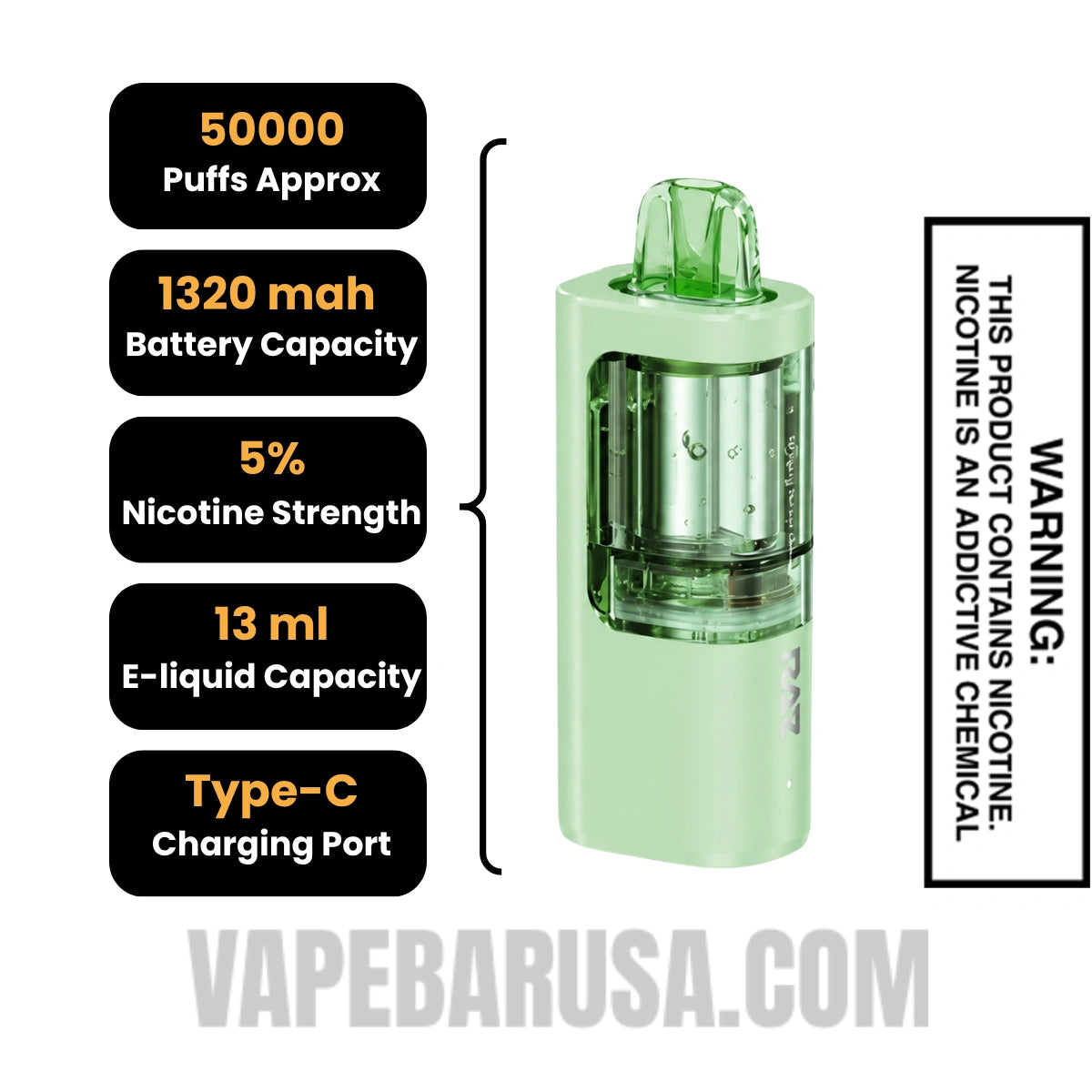 Dragon Strawnana RAZ VUE 50K Disposable Vape Pod Specifications