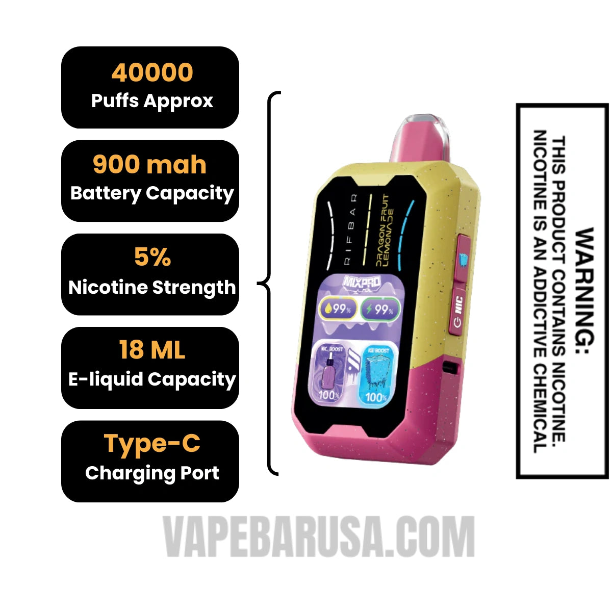 Dragonfruit Lemonade Rifbar MixPro Ice 40K Disposable Vape Specifications