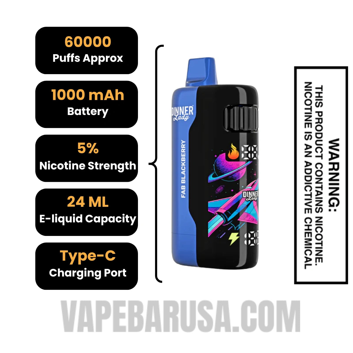 Fab Blackberry Dinner Lady Galax 60K Disposable Vape Specifications