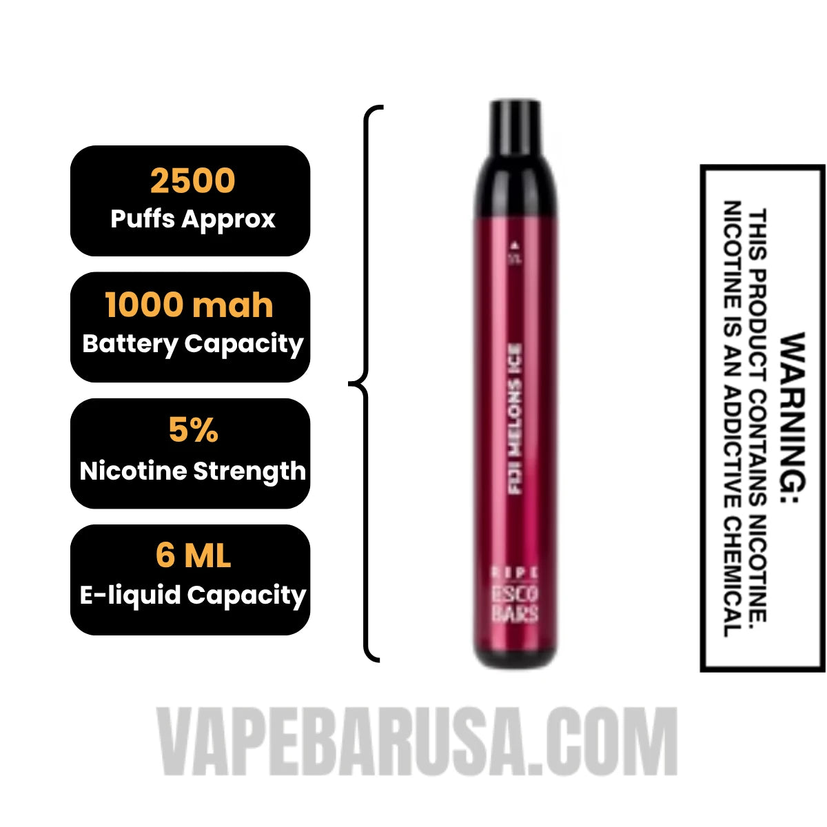 Fiji Melon Ice Esco Bar 2500 Puffs Disposable Vape Specifications