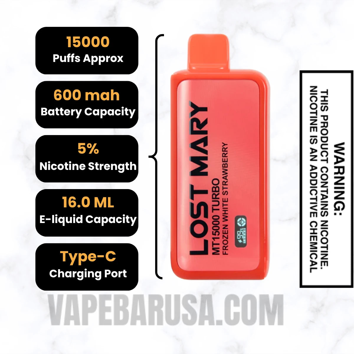 Frozen White Strawberry Lost Mary MT15000 Disposable Vape Specifications