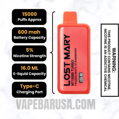 Frozen White Strawberry Lost Mary MT15000 Disposable Vape Specifications