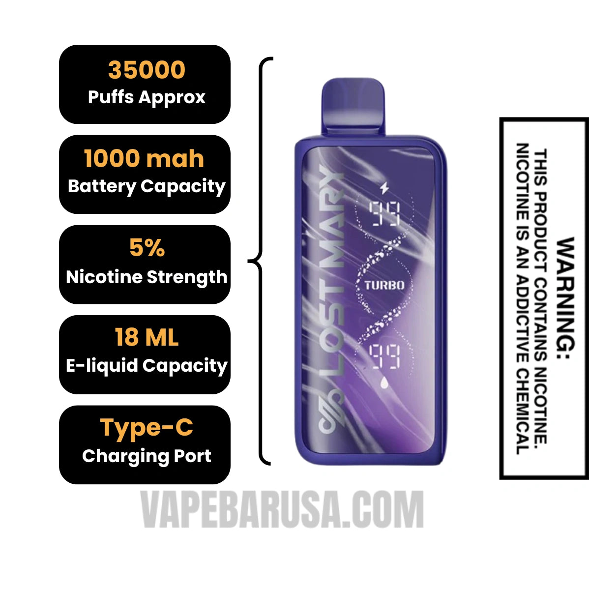 Golden Berry Lost Mary MT35000 Turbo Disposable Vape Specifications