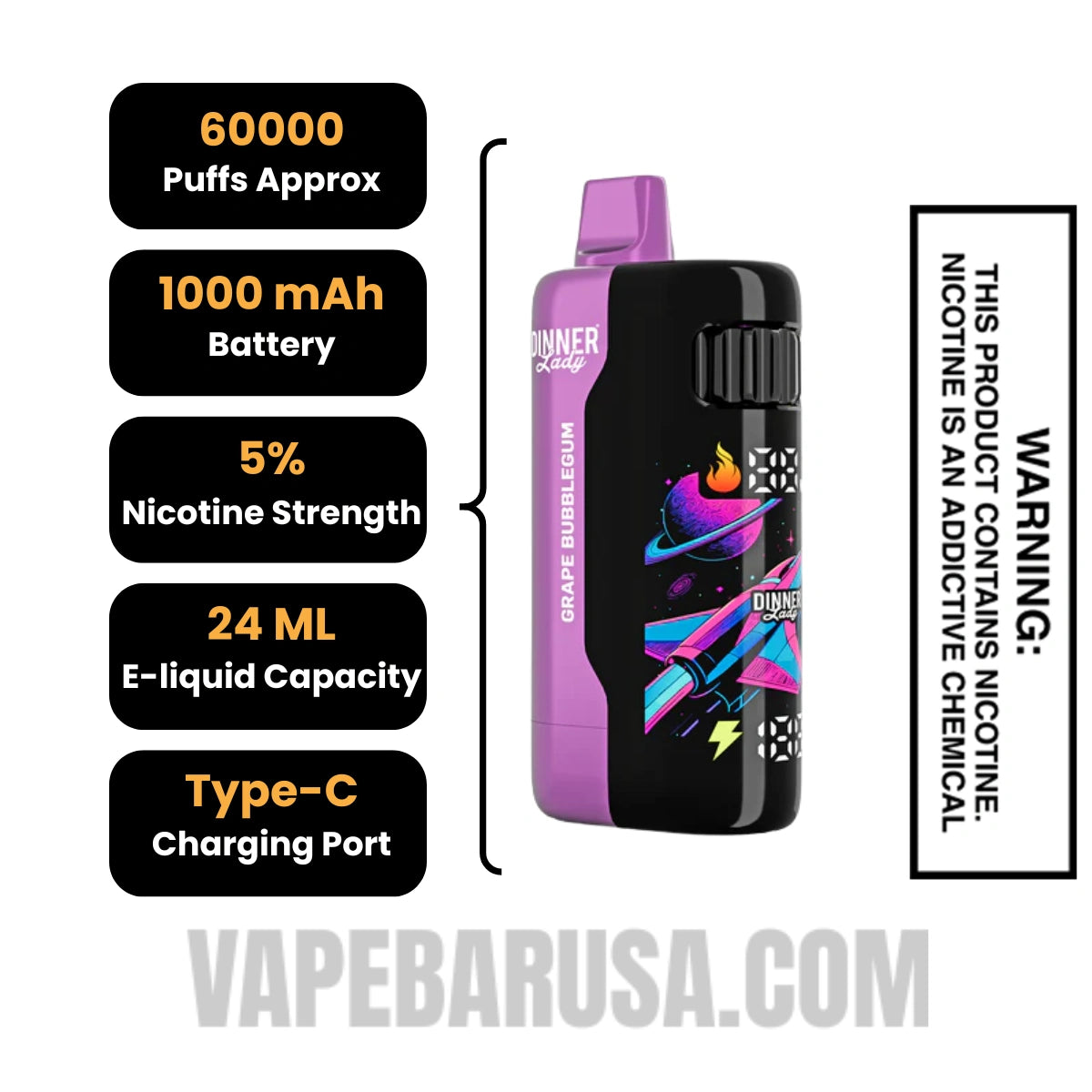 Grape Bubblegum Dinner Lady Galax 60K Disposable Vape Specifications