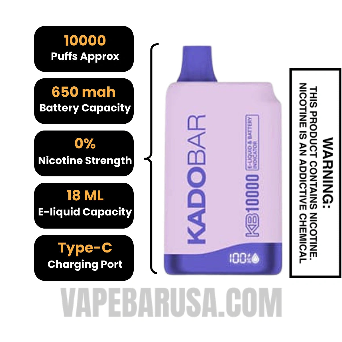 Grape Coolaid Kado Bar 10000 Puffs 0% Nicotine Vape Specifications