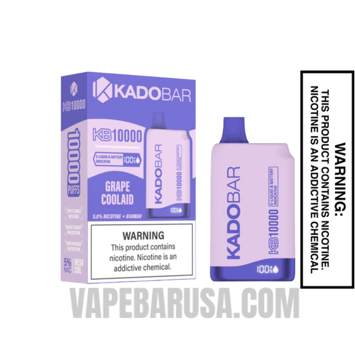 Grape Coolaid Kado Bar 10000 Puffs 0% Nicotine Vape With Package Box