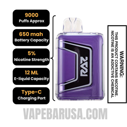 Grape Ice RAZ TN9000 Disposable Vape Specifications 