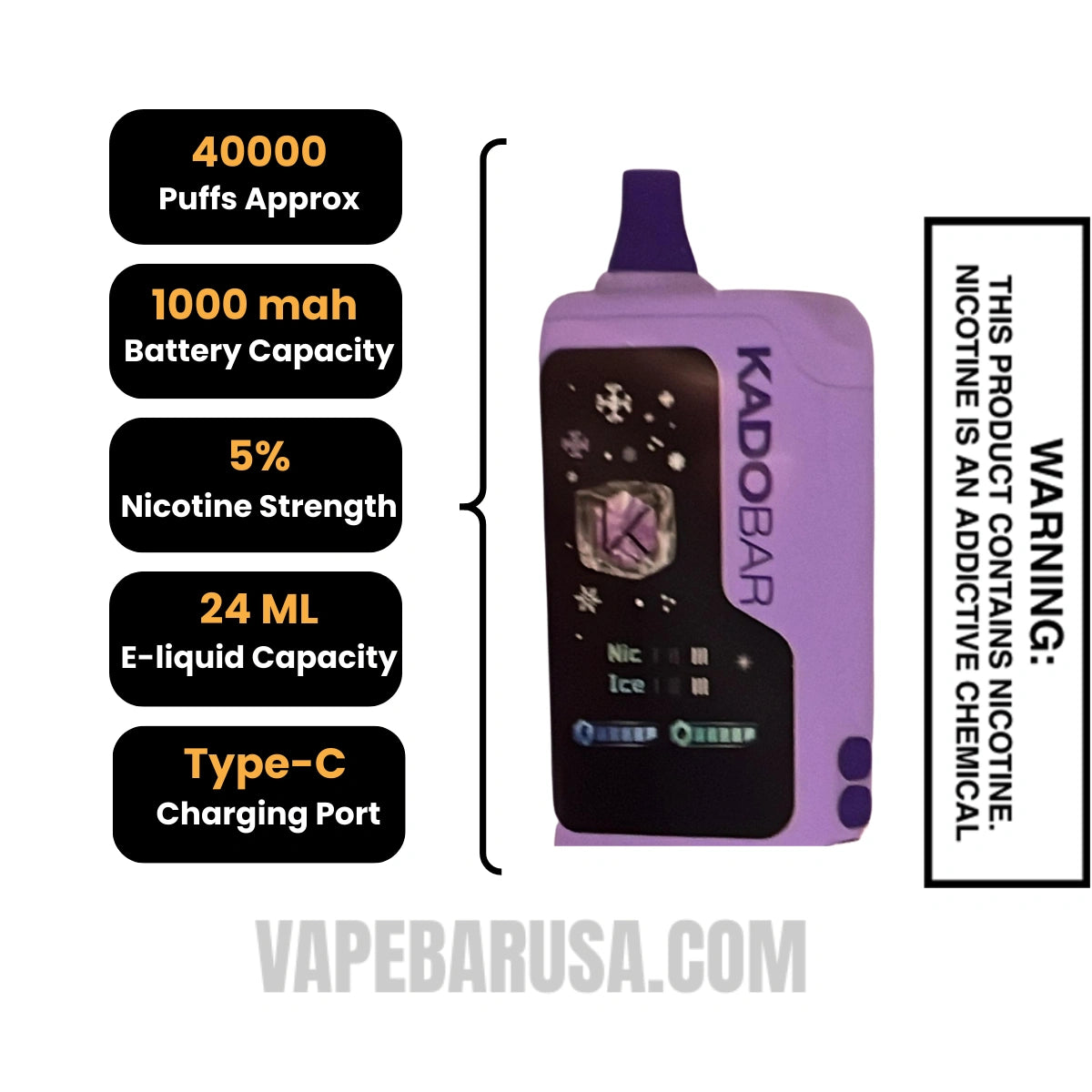 Grape Jam Kado Bar NI40000 Ice-Nic Control Disposable Vape Specifications