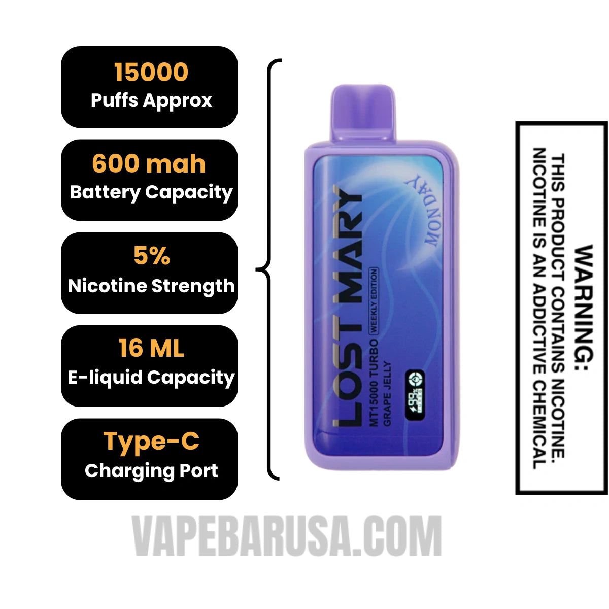 Grape Jelly Lost Mary MT15000 Turbo Vape (Monday) Specifications