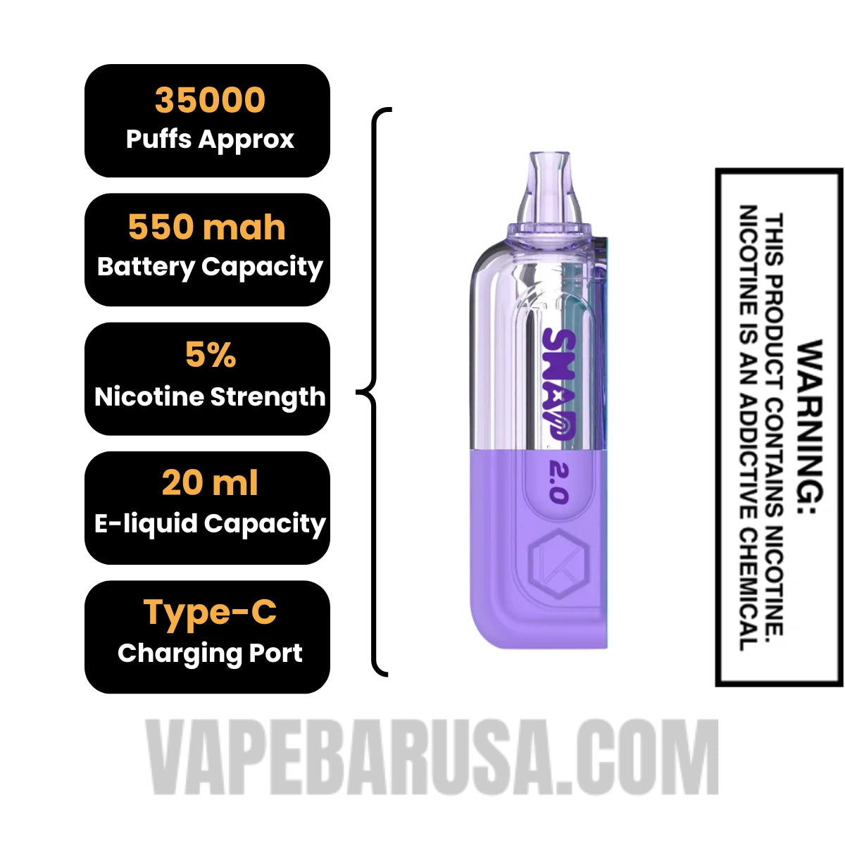 
Grape Slush Kado Bar Snap 2.0 35K Disposable Vape Pod Specifications
 