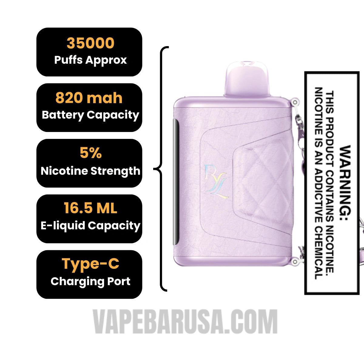 Grape Tease RAZ RYL Classic 35K Disposable Vape Specifications