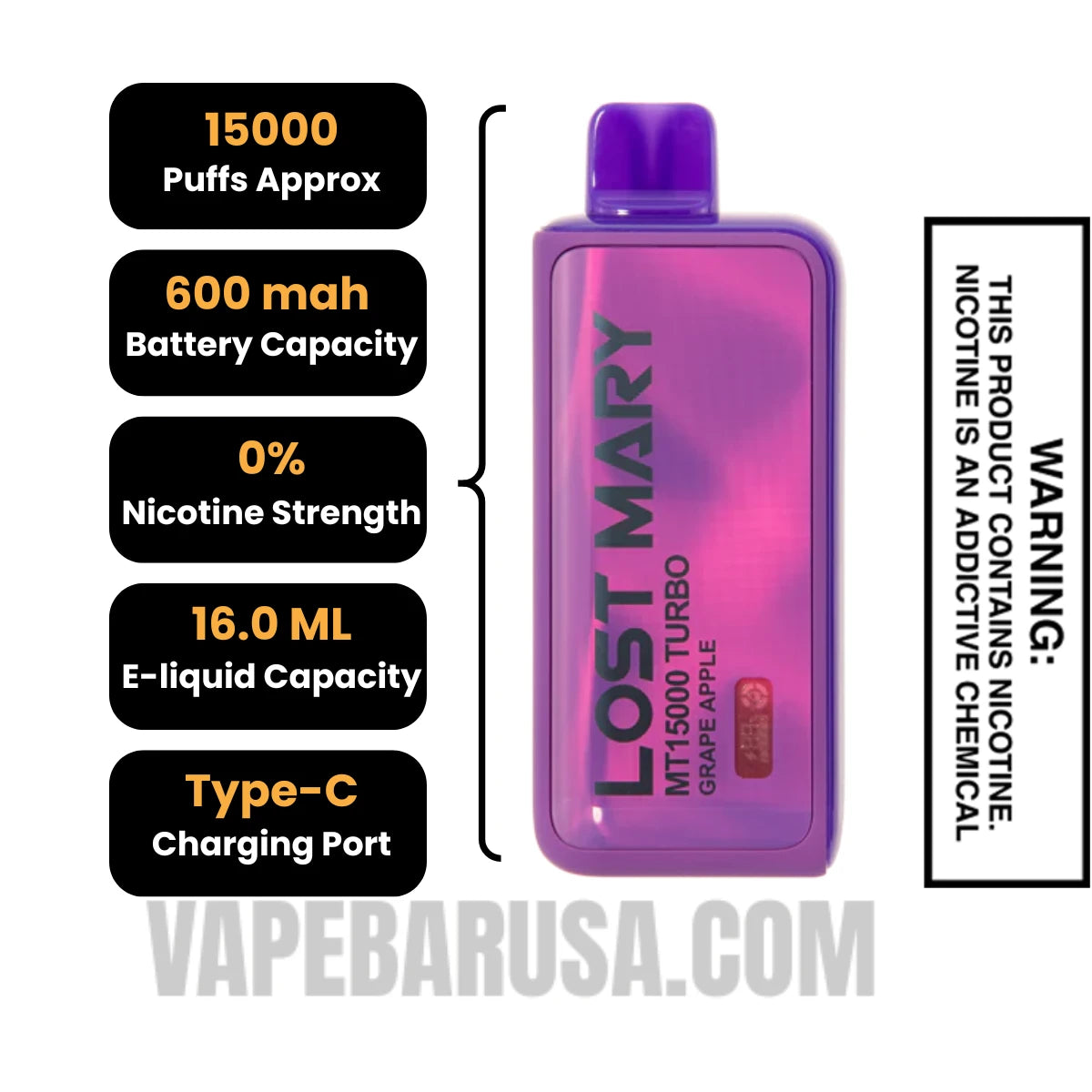 Grape Apple Lost Mary MT15000 Disposable Vape Specifications