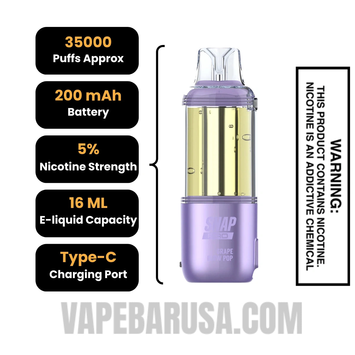 Grape Blow Pop Dinner Lady Snap Pro 35K Disposable Vape Pod Specifications