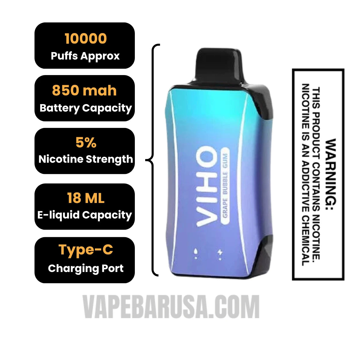 Grape Bubble Gum VIHO Turbo Vape 10000 Puff Specifications