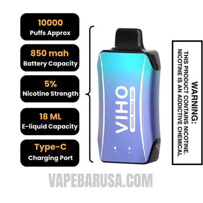Grape Bubble Gum VIHO Turbo Vape 10000 Puff Specifications