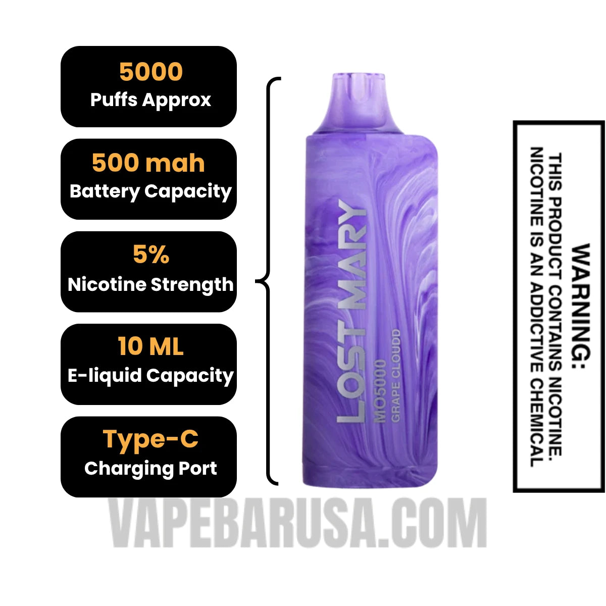Grape Cloudd Lost Mary MO5000 Disposable Vape Specifications