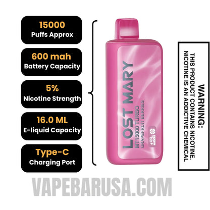 Grape Fruit Berries Lost Mary MT15000 Turbo Disposable Vape Specifications