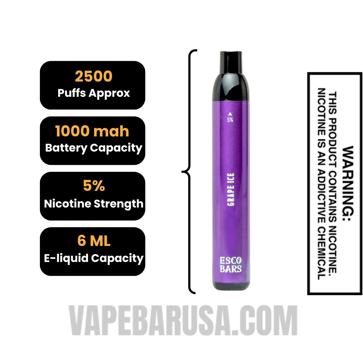 Grape Ice Esco Bars 2500 Puffs Disposable Vape Specifications