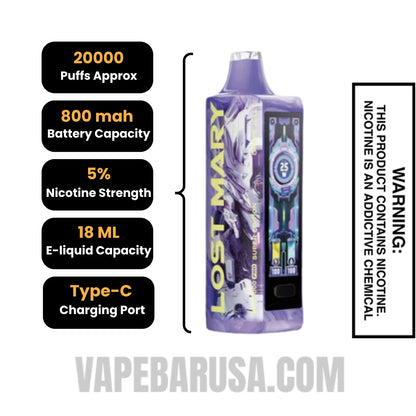 Grape Jelly Lost Mary MO20000 Pro Super Edition Vape Specifications