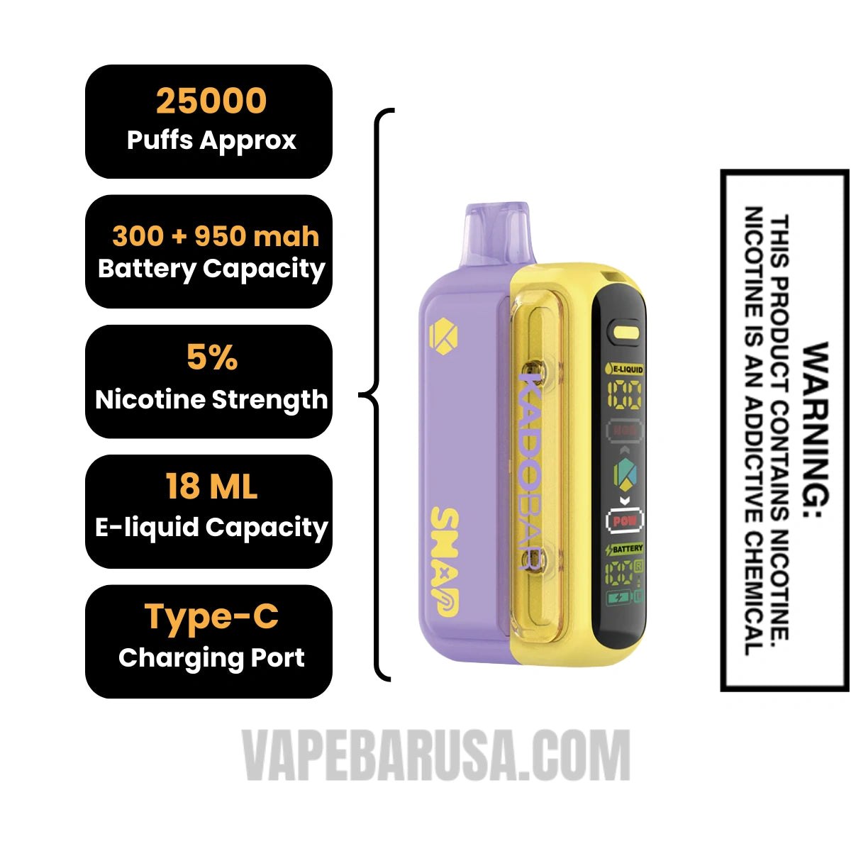 Grapefruit Refresher Kado Bar Snap 25K Disposable Vape Kit Specifications
