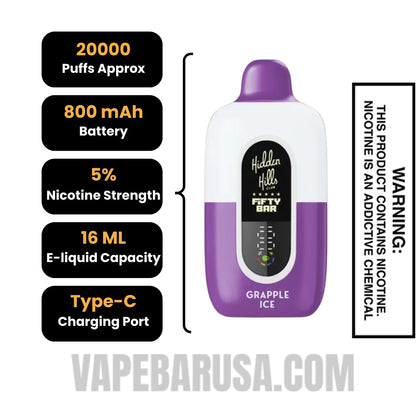 Grapple Ice Hidden Hills X Fifty Bar 20k Disposable Vape Specifications