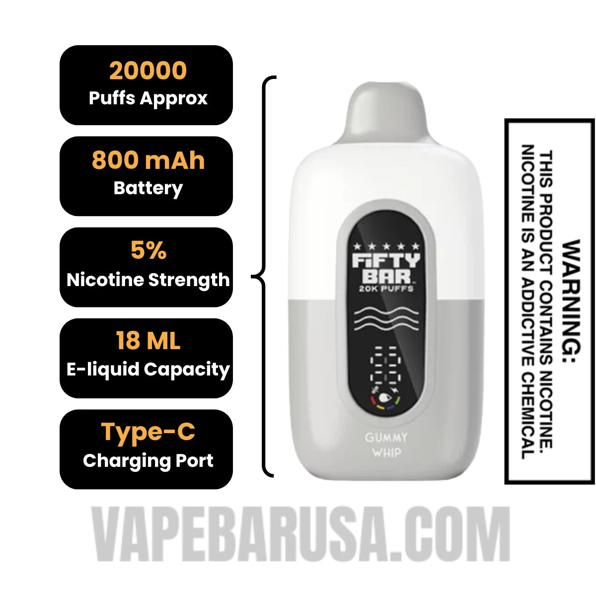 Gummy Whip Fifty Bar 20k Disposable Vape Specifications