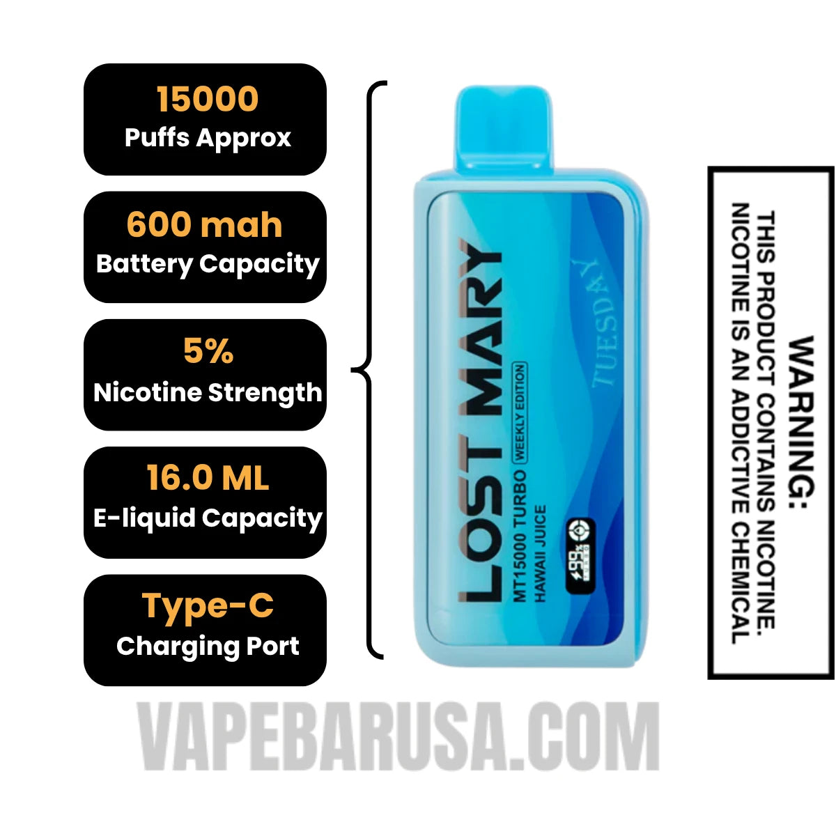 Hawaii Juice Lost Mary MT15000 Disposable Vape Specifications