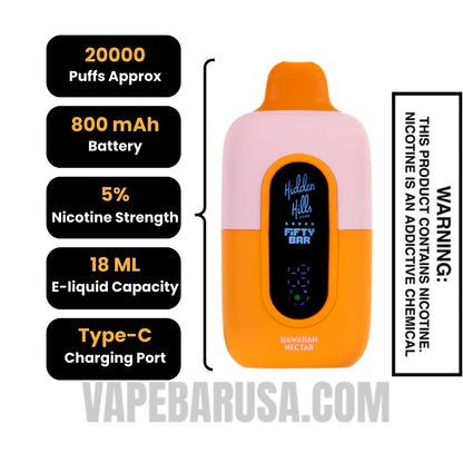 Hawaiian Nectar Hidden Hills X Fifty Bar 20K Vape Specifications