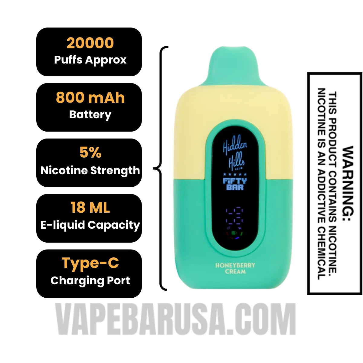 Honeyberry Cream Hidden Hills X Fifty Bar 20K Vape Specifications