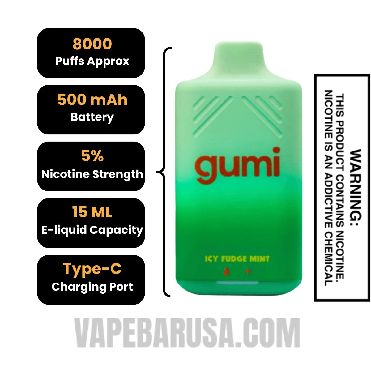 Icy Fudge Mint Gumi Bar Disposable Vape 8000 Puffs Specifications 