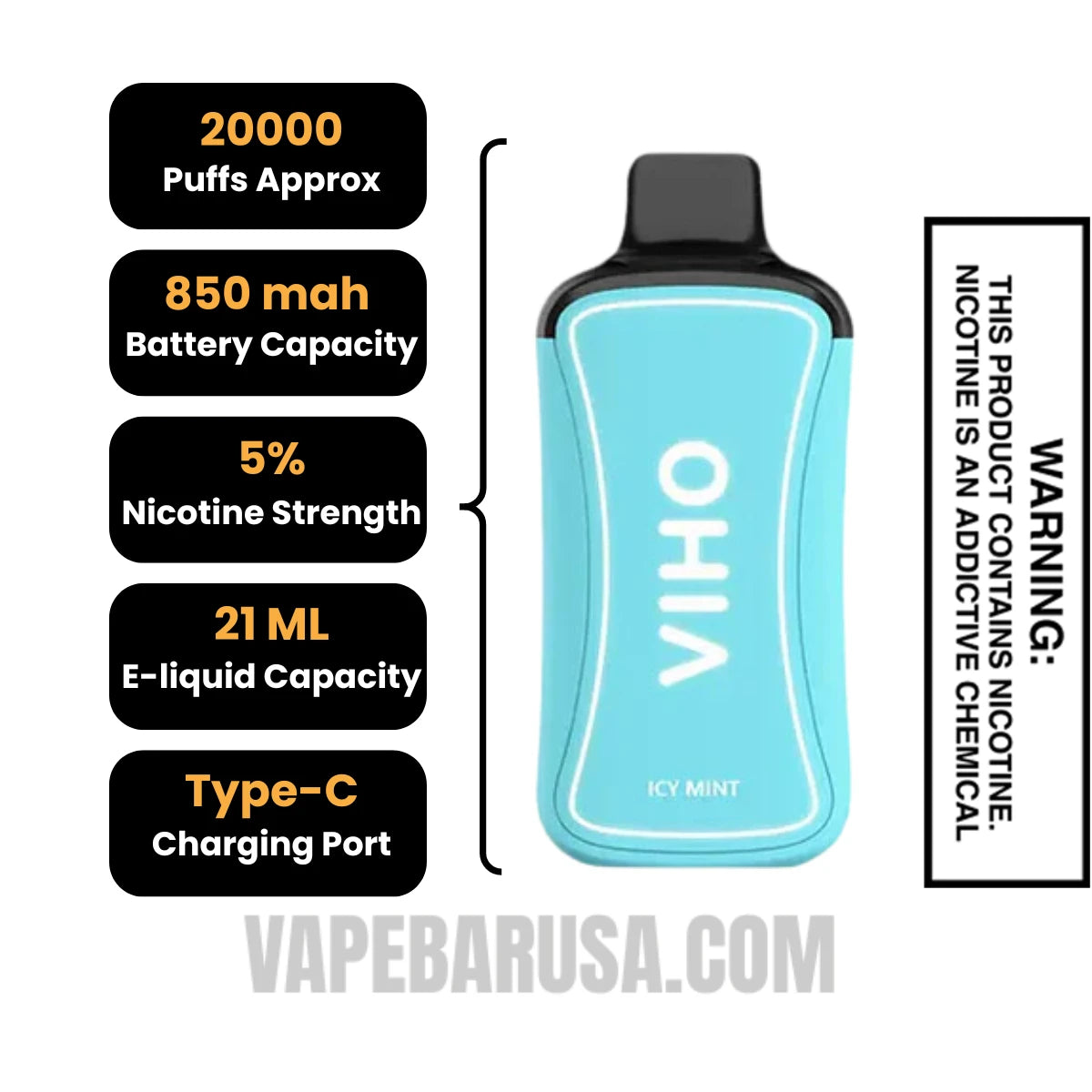 Icy Mint VIHO Supercharge Zero nicotine Disposable Vape Specifcations