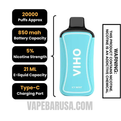 Icy Mint VIHO Supercharge Zero nicotine Disposable Vape Specifcations
