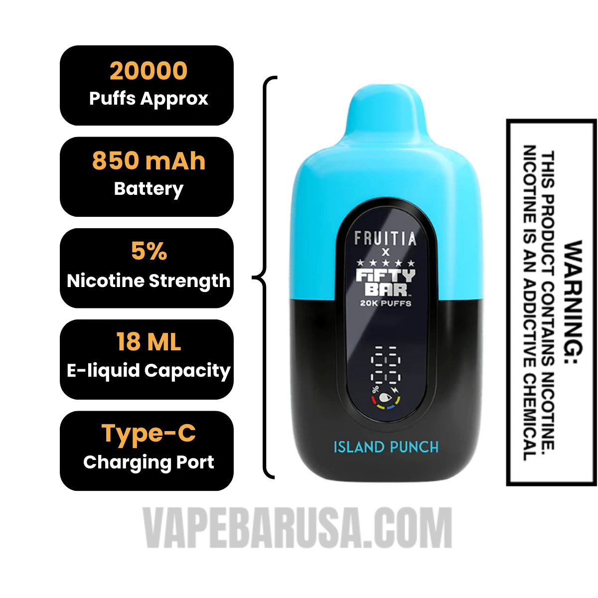 Island Punch Fruitia X Fifty Bar 20K Disposable Vape Specifications