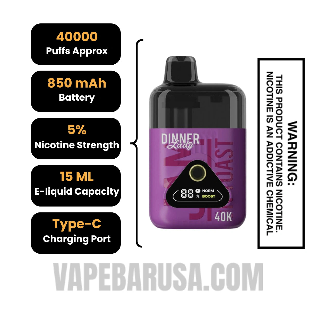 Jam On Toast Dinner Lady 40K Disposable Vape Specification