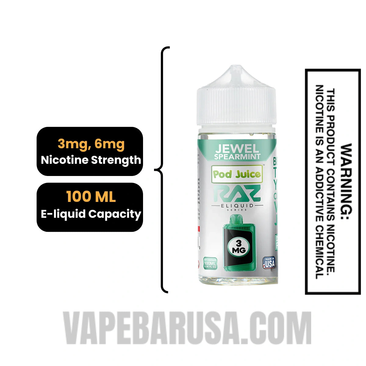 Jewel Spearmint Pod Juice X RAZ Vape Juice 100 ML specifications