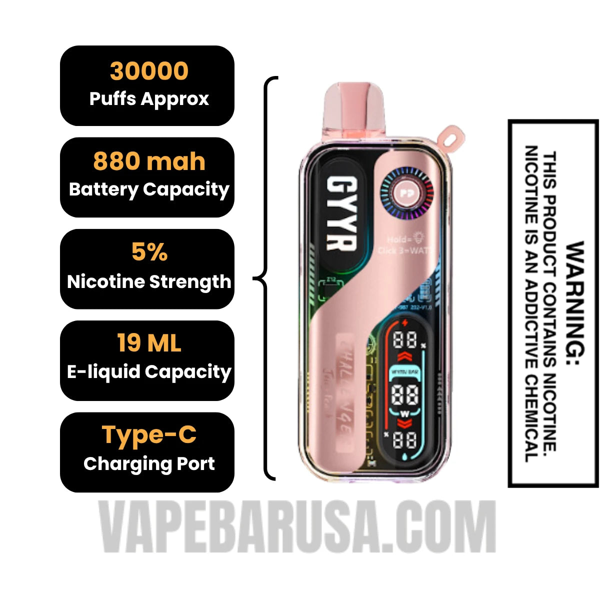 Juice Peach GYYR X Wynn Bar Challenger 30K Vape Specifications