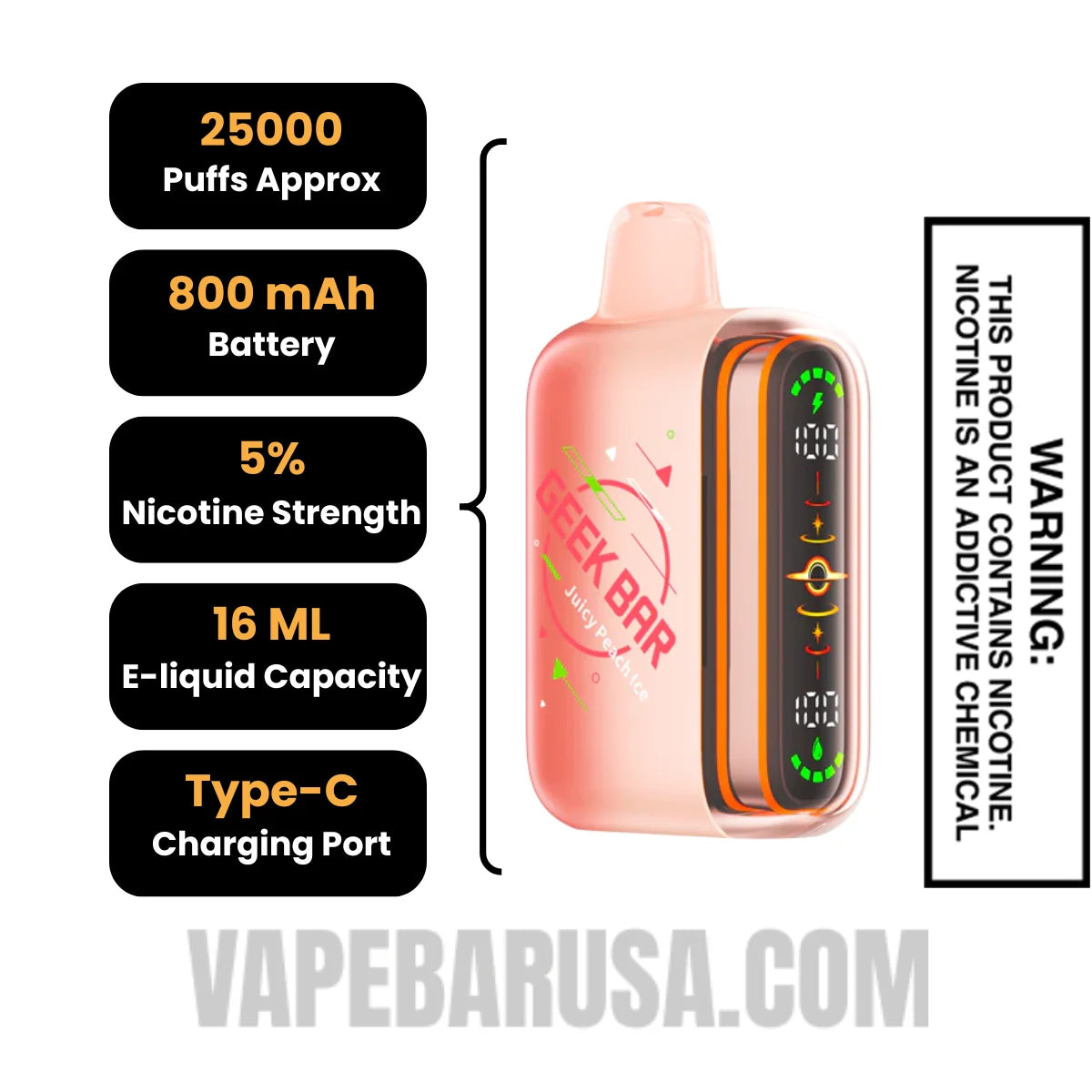 Juicy Peach Ice Geek Bar Pulse 2 Disposable Vape Specifications
