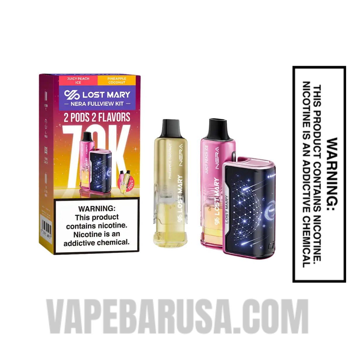 Juicy Peach Ice & Pineapple Coconut Lost Mary Nera Fullview 70K Disposable Vape Kit With Package Box