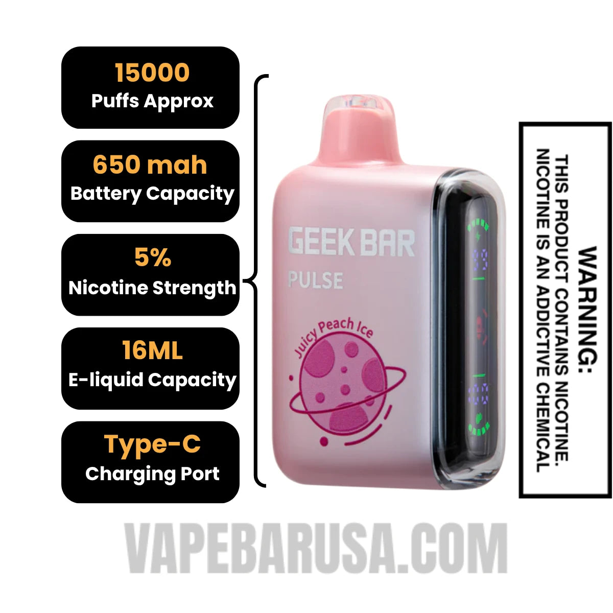 Juicy Peach Ice Geek Bar Pulse Disposable Vape Specification