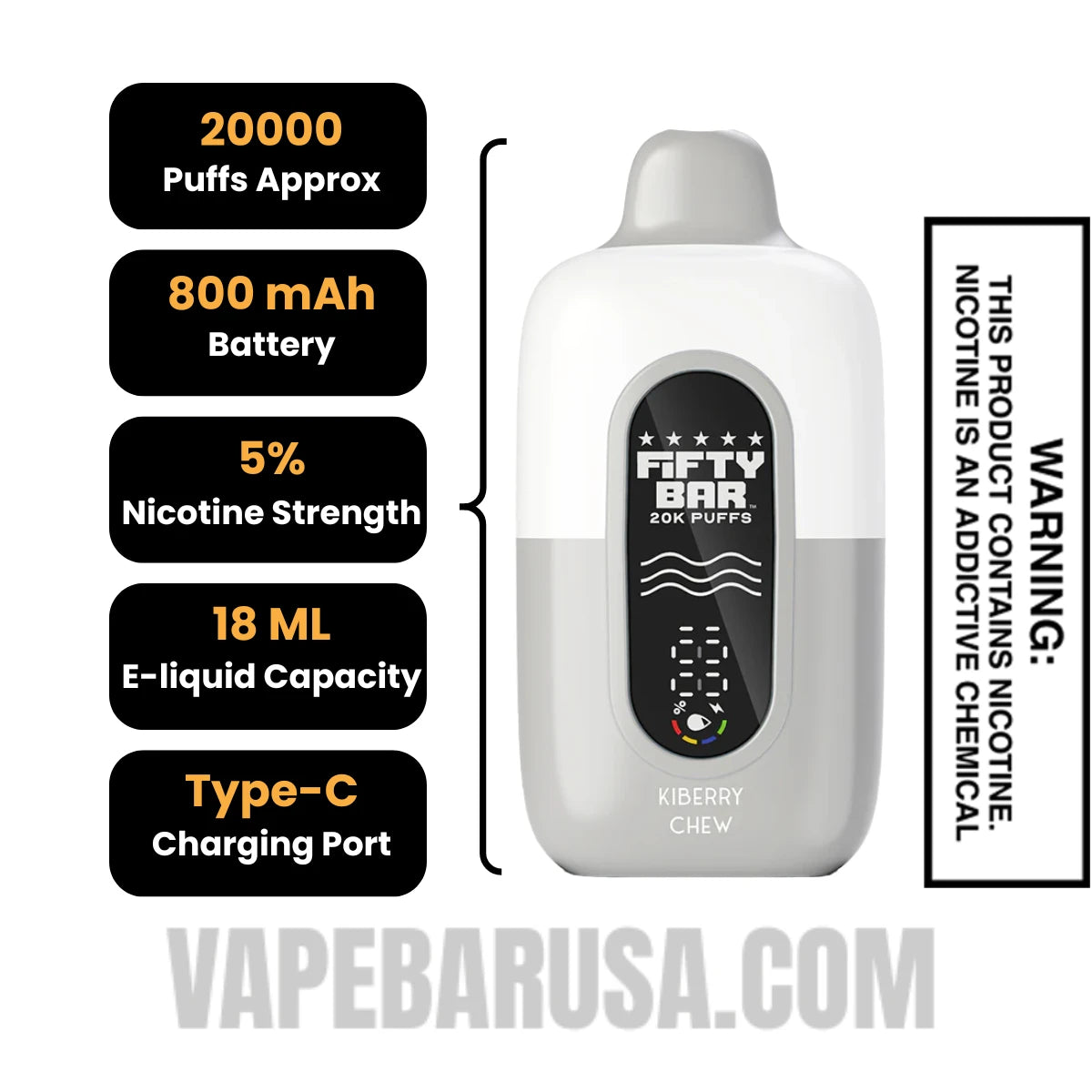 Kiberry Chew Fifty Bar 20k Disposable Vape Specifications
