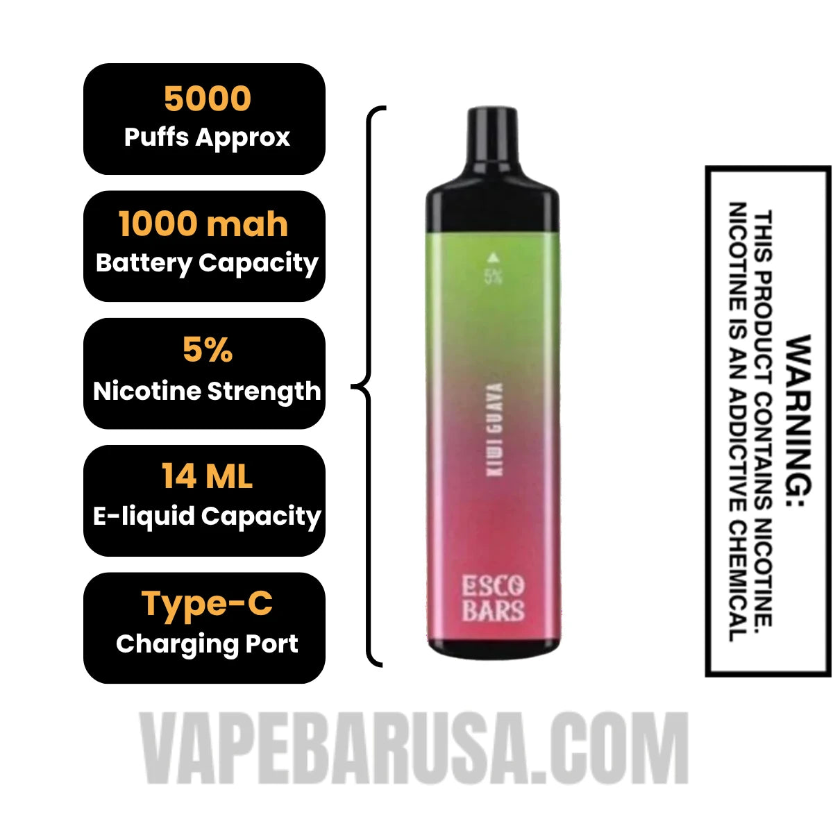 Kiwi Guava Esco Bars 5000 Puffs Disposable Vape Specifications