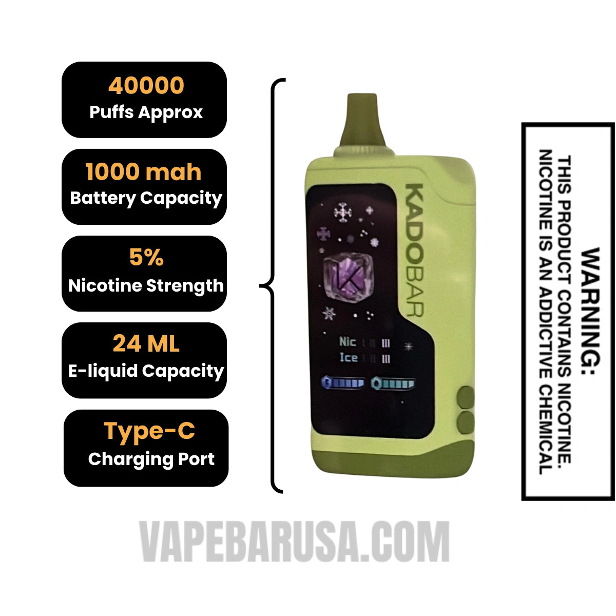 Kiwi Jam Kado Bar NI40000 Ice-Nic Control Disposable Vape Specifications