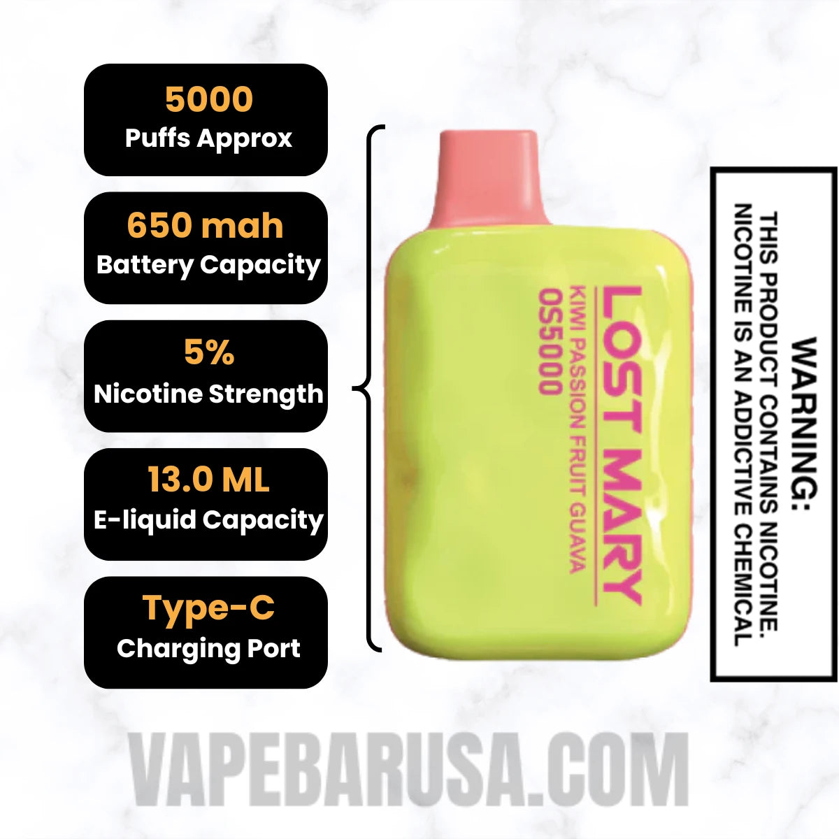 Kiwi Passion Fruit Guava Lost Mary OS5000 Disposable Vape Specifications 